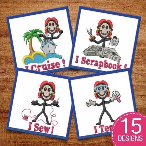 Hobby-Themed Stick Figures Embroidery Designs Bundle – I Sew, I Test, I Taste & More (15 Designs)