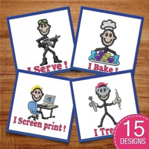 Stick Figure Professions Embroidery Designs Bundle – Baker, Doctor, Teacher, Musician & More (15 Designs)