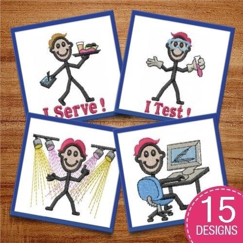 Stick Figure Embroidery Bundle – Waiter, Tester, Spotlight, and Computer User (15 Designs)