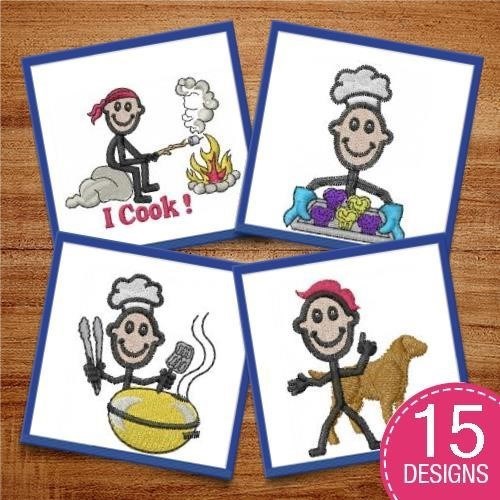 Stick Figure Activities Embroidery Designs Bundle – Cooking, Gardening, Fishing & More (15 Designs)