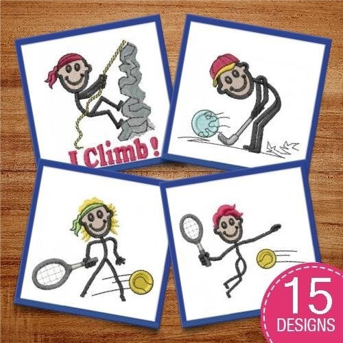 Active Sports Stick Figures Embroidery Designs Bundle – Tennis Player, Soccer Player, Baseball Player & More (15 Designs)