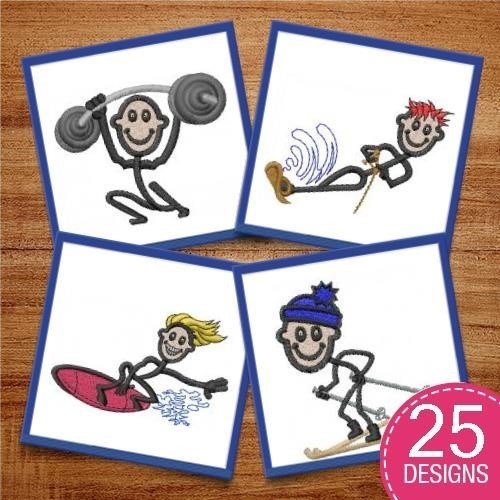 Active Sports Stick Figures Embroidery Designs Bundle – Surfing, Weightlifting, Running & More (25 Designs)