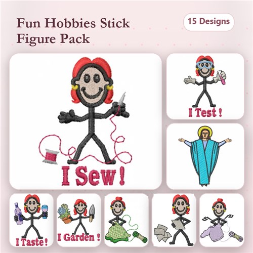 Hobby-Themed Stick Figures Embroidery Designs Bundle – I Sew, I Test, I Taste & More (15 Designs)