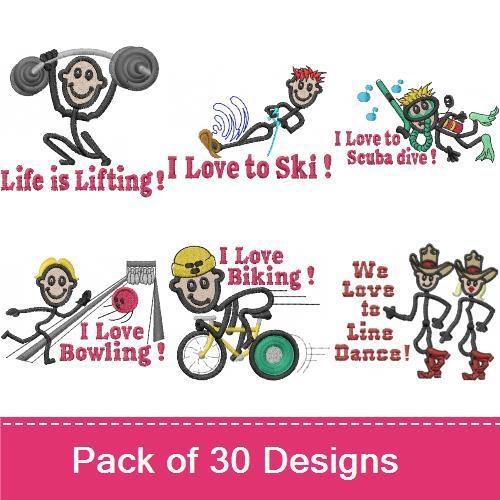 Active Lifestyle Stick Figures Embroidery Designs Bundle – I Love Tennis, I Hunt, I Fish & More (29 Designs)