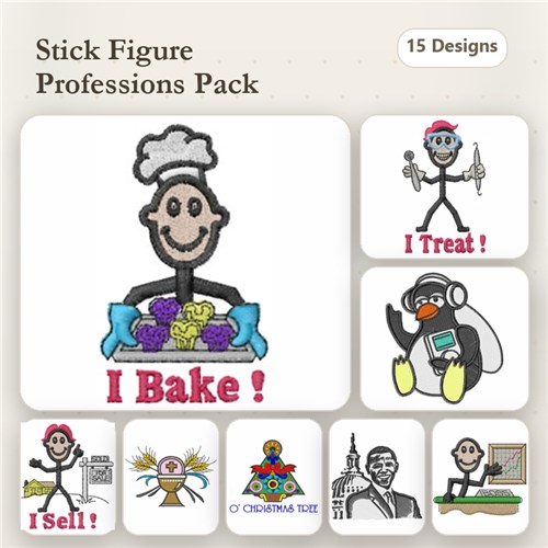 Stick Figure Professions Embroidery Designs Bundle – Baker, Doctor, Teacher, Musician & More (15 Designs)