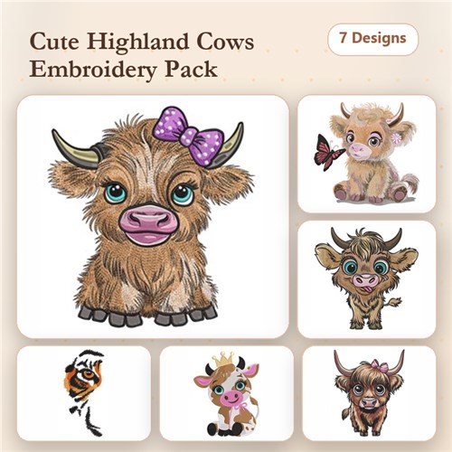 Highland Cow Embroidery Bundle – Cow with Bow, Baby Cow, Cow with Glasses & More (7 Designs)