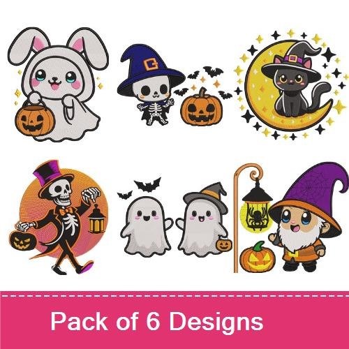 Cute Halloween Characters Embroidery Designs Bundle – Ghost Bunny, Skeleton, Halloween Cat & More (6 Designs)