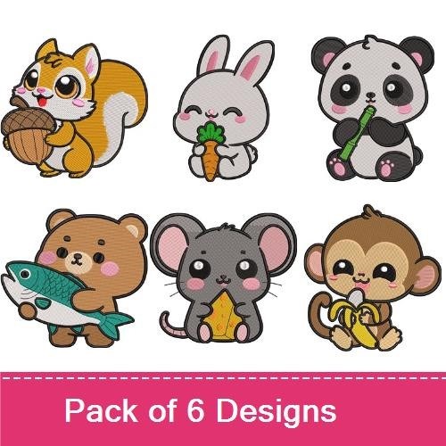 Cute Animal Characters Embroidery Designs Bundle – Squirrel with Acorn, Bunny with Carrot, Panda with Bamboo & More (6 Designs)