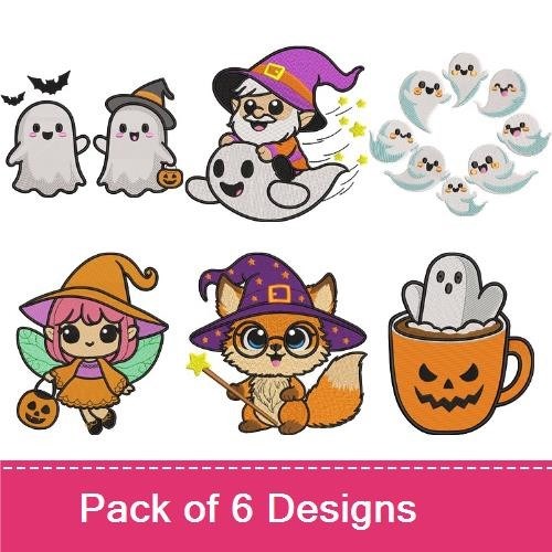 Cute Halloween Characters Embroidery Designs Bundle – Ghosts with Bats, Cat in Witch Hat, Floating Ghosts & More (6 Designs)