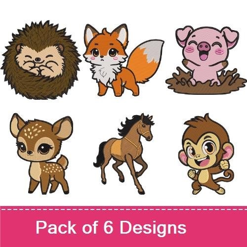 Cute Baby Animals Embroidery Bundle – Fox, Lion Cub, Piglet & More (6 Designs)