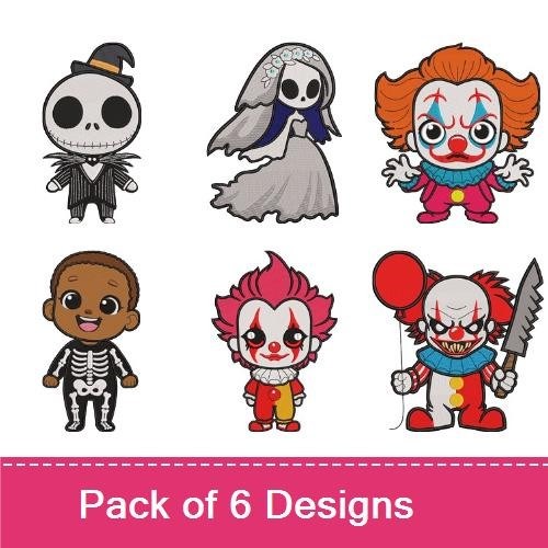 Cute & Spooky Halloween Characters Embroidery Designs Bundle – Skeleton in Suit, Ghost Bride, Clown with Balloon & More (6 Designs)