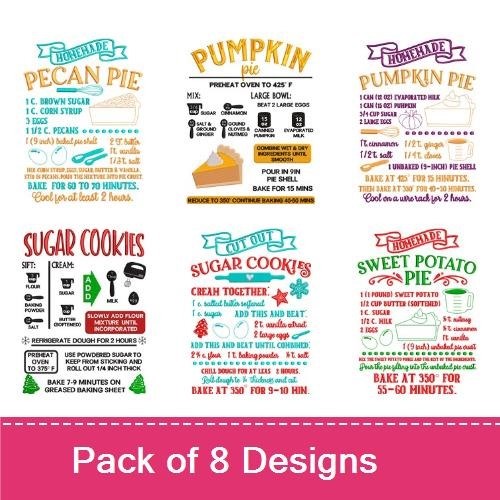 Pie Recipe Embroidery Designs Bundle – Apple, Pumpkin, Pecan, Sweet Potato & More (8 Designs)