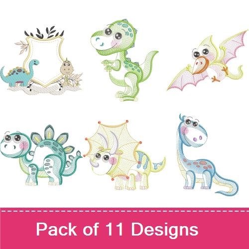 Cute Dinosaur Characters Embroidery Designs Bundle – Tyrannosaurus Rex, Pterodactyl, Stegosaurus & More (11 Designs)