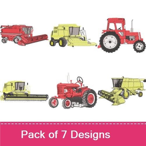Farm Machinery Embroidery Designs Bundle – Combine Harvester, Tractor, Baler, Plow & More (7 Designs)
