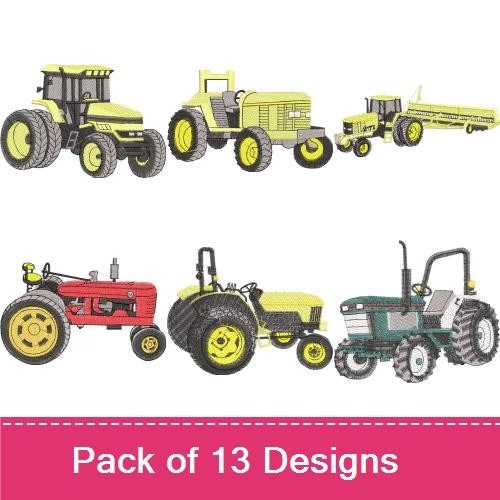 Farm Machinery Embroidery Designs Bundle – Yellow Vintage Tractor, Red Vintage Tractor, Green Vintage Tractor & More (13 Designs)