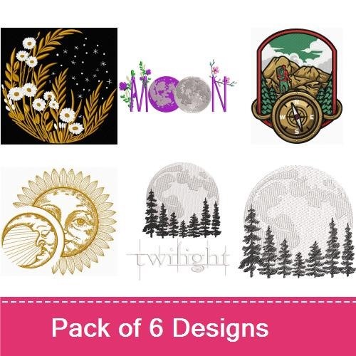 Celestial & Nature Embroidery Designs Bundle – Daisy Wreath, Moon with Stars, Mountain Scene Badge & More (6 Designs)