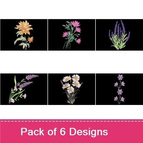 Elegant Floral Embroidery Designs Bundle – Orange Lily, Pink Wildflower Bouquet, Lavender Sprigs & More (6 Designs)