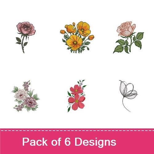 Elegant Floral Embroidery Designs Bundle – Pink Rose with Water Droplets, California Poppy, Rose Bouquet & More (6 Designs)