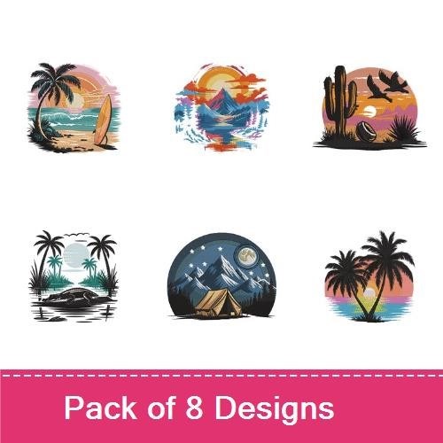 Nature & Outdoor Scenes Embroidery Designs Bundle – Mountain Camping, Desert Landscape, Tropical Beach & More (8 Designs)