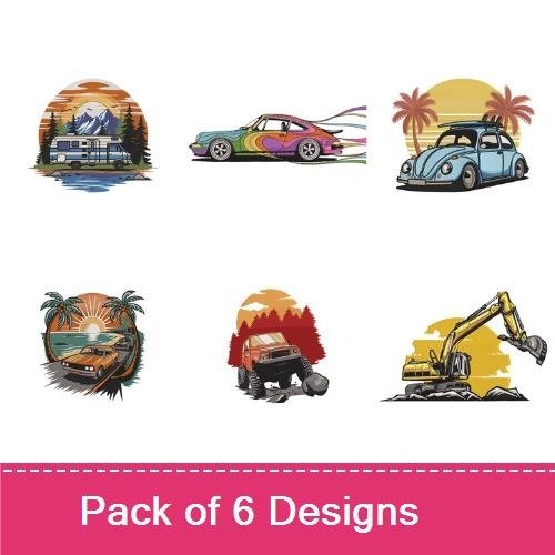 Vintage Vehicle Adventure Embroidery Designs Bundle – Camper Van at Lake, Retro Car with Mountains, & More (6 Designs)
