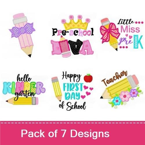 Applique Back to School Embroidery Designs Bundle – Happy First Day of School, Apple, Pencil with Eraser & More (7 Designs)