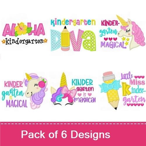 Applique Kindergarten Embroidery Designs Bundle – Unicorn with Stars, Aloha Kindergarten, Kindergarten Diva & More (6 Designs)
