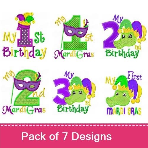 Applique Mardi Gras Birthday Celebrations Embroidery Designs Bundle – My 1st Birthday with Alligator, My 2nd Birthday with Mask, & More (7 Designs)