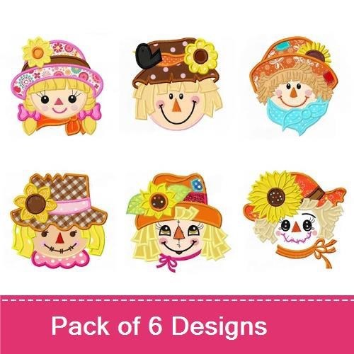 Applique Cute Scarecrow Faces Embroidery Bundle – Girl with Flower, Boy with Brown Hat, Happy Scarecrow & More (6 Designs)