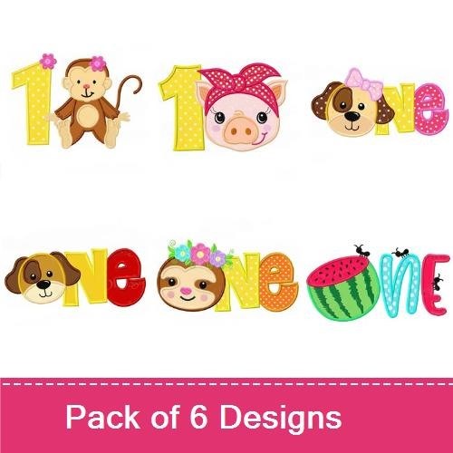 Applique First Birthday Animal & Fruit Embroidery Designs Bundle – Monkey with Flowers, Pig with Bow, & More (6 Designs)