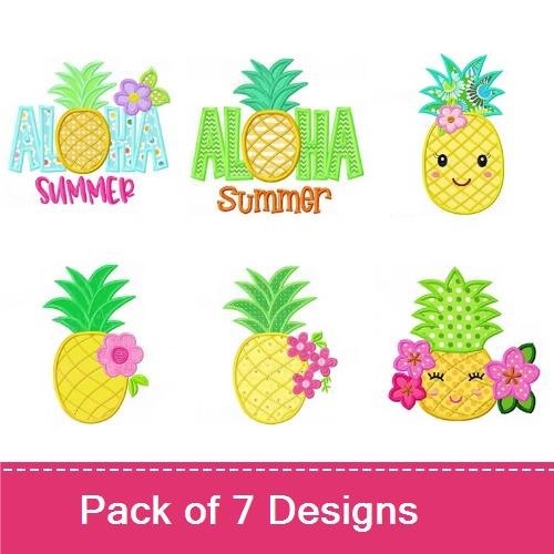 Applique Pineapple Summer Embroidery Designs Bundle – Aloha Summer Text, Pineapple with Flowers, & More (7 Designs)