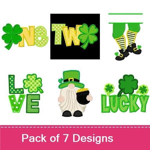 Applique St. Patrick's Day Embroidery Designs Bundle – Leprechaun with Pot of Gold, Clover, Lucky Text & More (7 Designs)