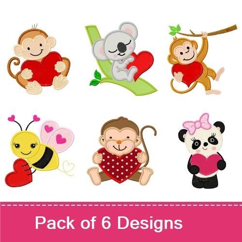 Applique Animal Love Embroidery Bundle – Monkey with Heart, Koala with Heart, Bee with Heart & More (6 Designs)