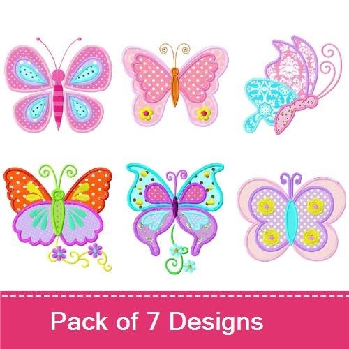 Applique Colorful Butterflies Embroidery Bundle – Pink Butterfly with Dots, Blue Butterfly with Patterns, Floral Butterfly & More (7 Designs)