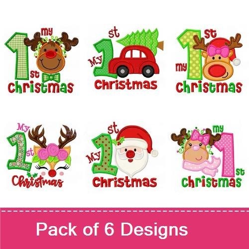 Applique Christmas Character Embroidery Bundle – Reindeer with Bow, Christmas Tree Car, Santa Face & More (6 Designs)