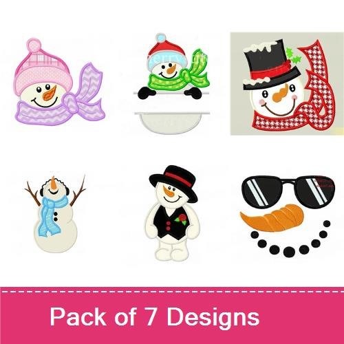 Applique Cheerful Snowman Faces Embroidery Bundle – Snowman with Blue Hat, Snowman with Pink Scarf, & More (7 Designs)