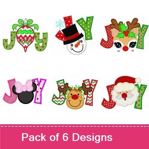 Applique Joy-Themed Holiday Embroidery Designs Bundle – JOY with Bow, JOY with Ornament, JOY with Reindeer & More (6 Designs)