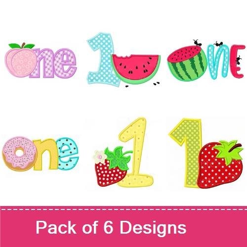 Applique First Birthday with Fruits Embroidery Designs Bundle – Strawberry, Watermelon, Number One & More (6 Designs)