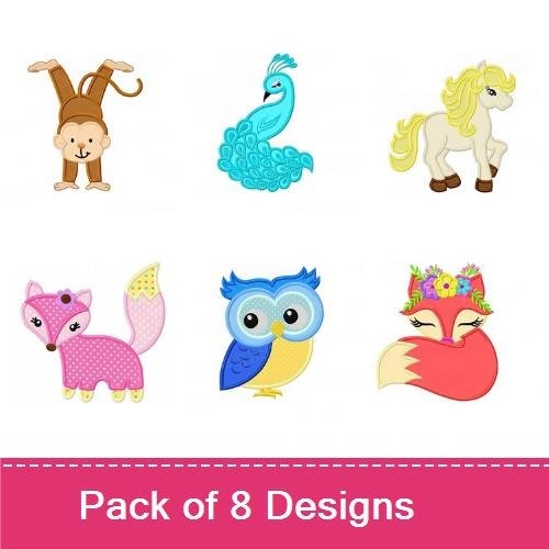 Applique Cute Animal Embroidery Bundle – Elephant with Flower, Monkey Hanging, Horse with Mane & More (8 Designs)
