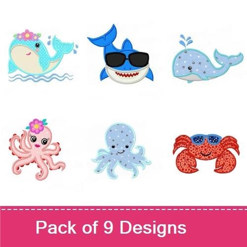 Applique Ocean Animal Embroidery Bundle – Whale with Bow, Octopus, Crab & More (9 Designs)