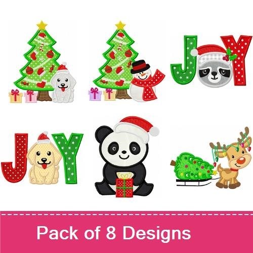 Applique Holiday Animals Embroidery Designs Bundle – Christmas Tree, Labrador Puppy, Joy Letters & More (8 Designs)