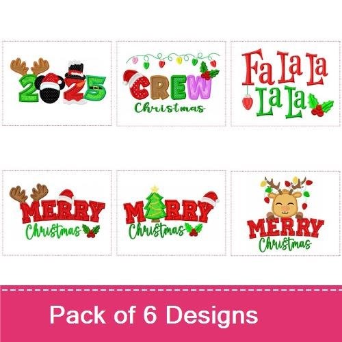 Christmas Embroidery Designs Bundle – Merry Christmas with Reindeer, Christmas Tree, Crew Christmas & More (6 Designs)