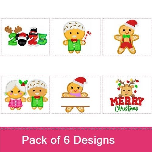 Applique Cute Christmas Gingerbread Embroidery Designs Bundle – Gingerbread with Antlers, Gingerbread Girl with Bow, & More (6 Designs)