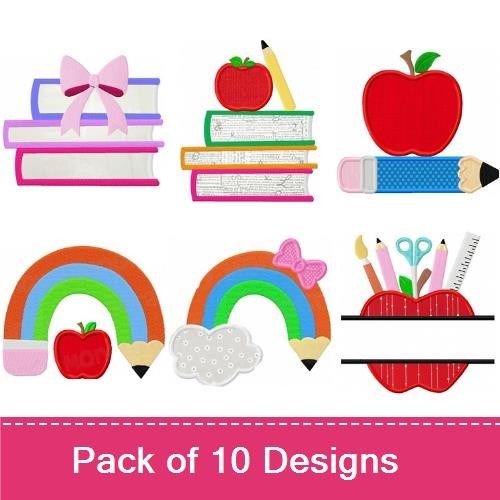 Applique Back to School Embroidery Designs Bundle – Apple with Pencils, Stack of Books, Rainbow & More (10 Designs)