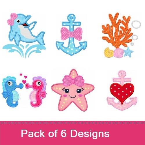 Applique Ocean Animal Embroidery Bundle – Dolphin with Bow, Anchor, Coral Reef & More (6 Designs)