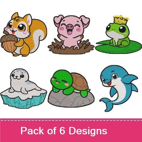 Squirrel, Pig & Dolphin Embroidery Bundle – Cute Animal Designs (6 Designs)
