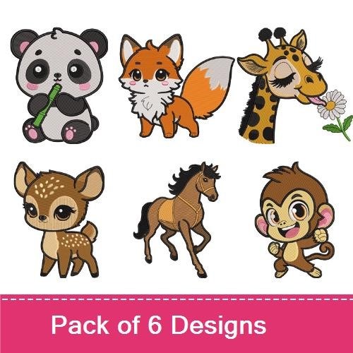 Cute Baby Animals Embroidery Bundle – Panda with Bamboo, Fox, Giraffe with Flower & More (6 Designs)