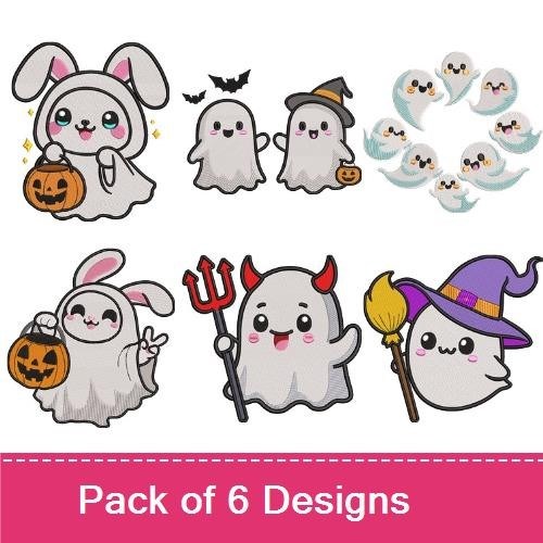 Cute Halloween Ghosts Embroidery Bundle – Ghost with Pumpkin, Ghost with Hat, Rabbit Ghost & More (6 Designs)