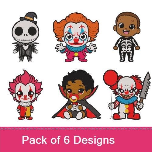 Cute Halloween Characters Embroidery Designs Bundle – Skeleton, Clown, Vampire & More (6 Designs)
