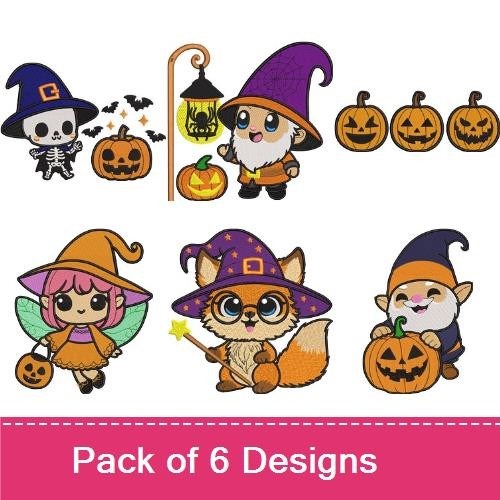 Cute Halloween Characters Embroidery Bundle – Halloween Gnome, Pumpkin Lantern, Skull with Hat & More (6 Designs)