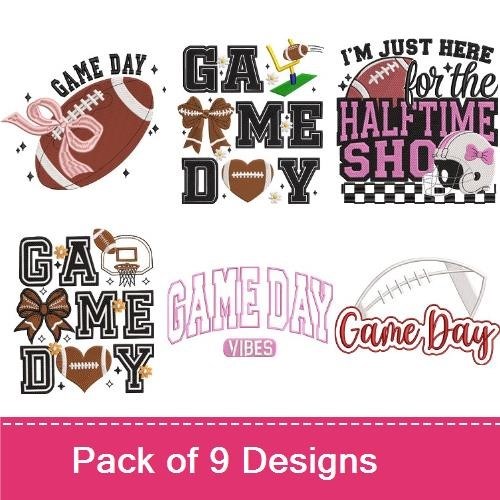 Football Game Day Embroidery Designs Bundle – Football with Bow, I'm Just Here for Snacks, & More (9 Designs)